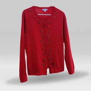 New York and Company Cardigan Sweater Red Jeweled Size XL